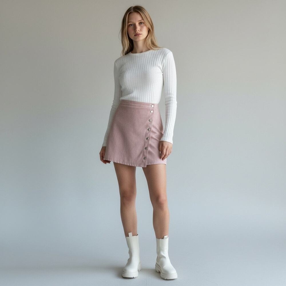 H&M Pastel Blush Pink Faux Suede Button-Front A-Line Wrap Mini Skirt - Size 4